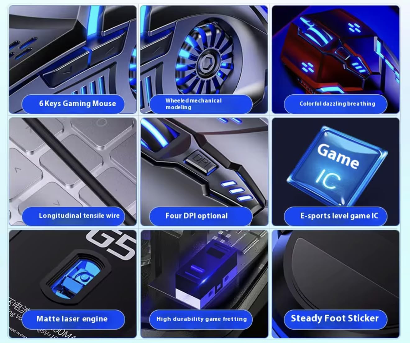 6 Button wired gaming mouse RGB colour changing light up with silent click buttons